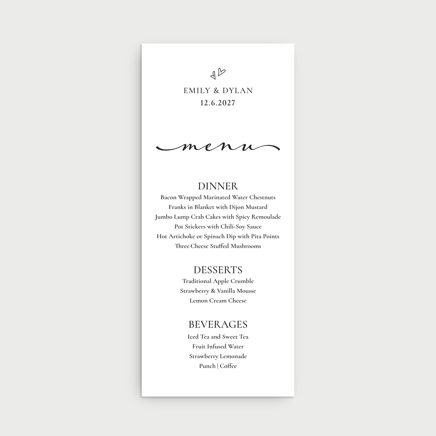 Hearts Menu Cards